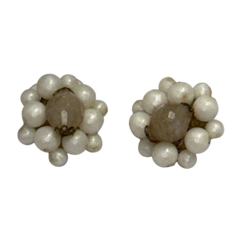 Vintage White Pearl Bead & Faceted Stone Cluster Clip-On Earrings Womens Jewelry - Picture 5 of 5